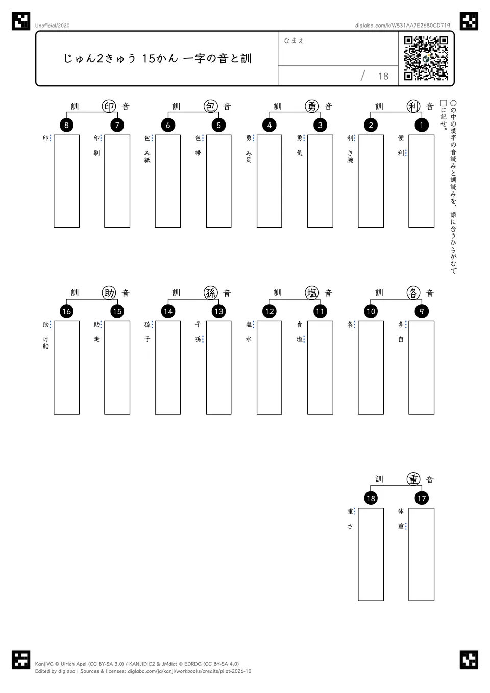 じゅん2きゅう 15かん 一字の音と訓の紙面