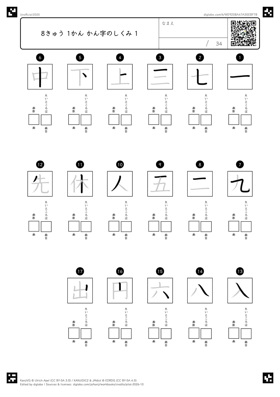 8きゅう 1かん かん字のしくみ 1の紙面