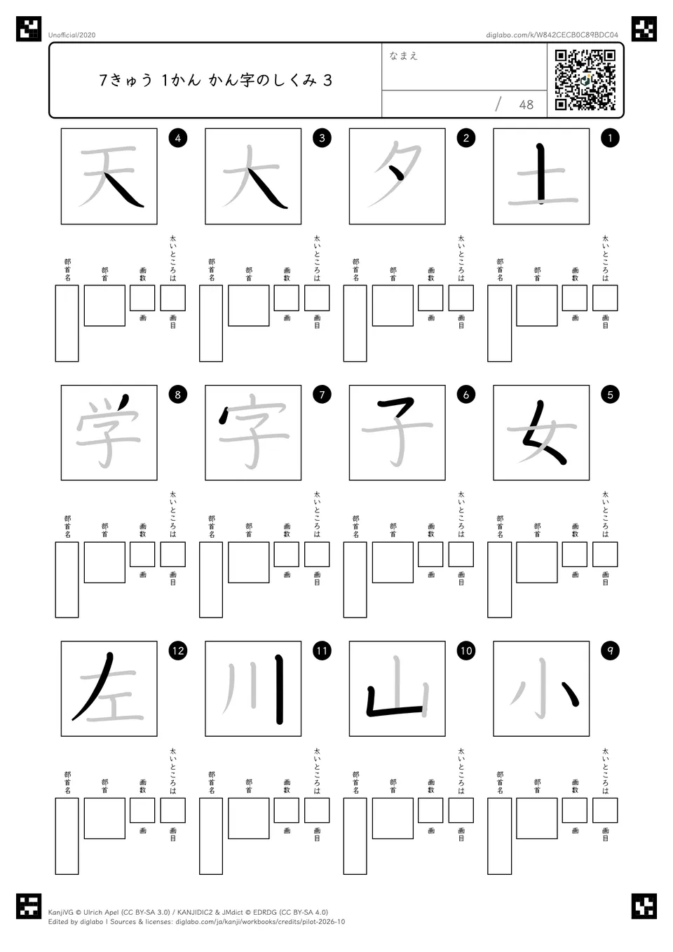 7きゅう 1かん かん字のしくみ 3の紙面