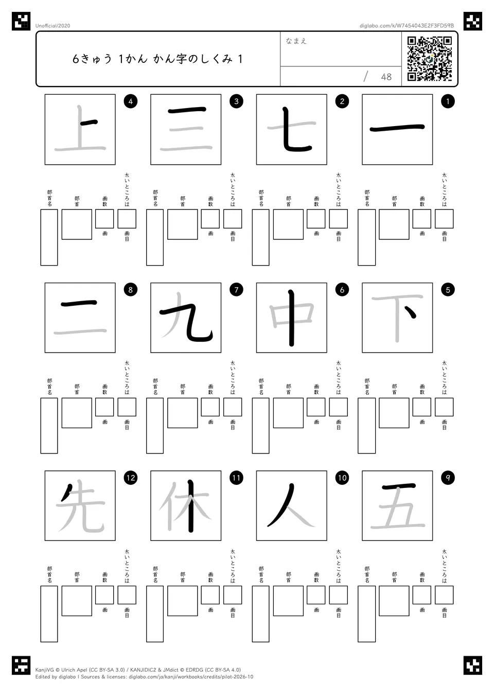 6きゅう 1かん かん字のしくみ 1の紙面