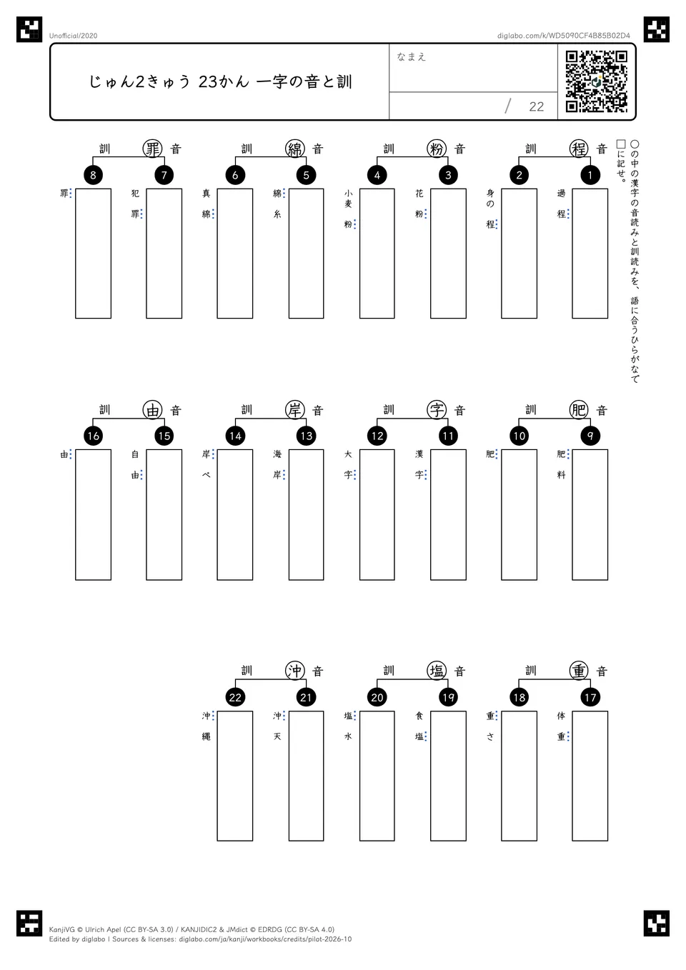 じゅん2きゅう 23かん 一字の音と訓の紙面