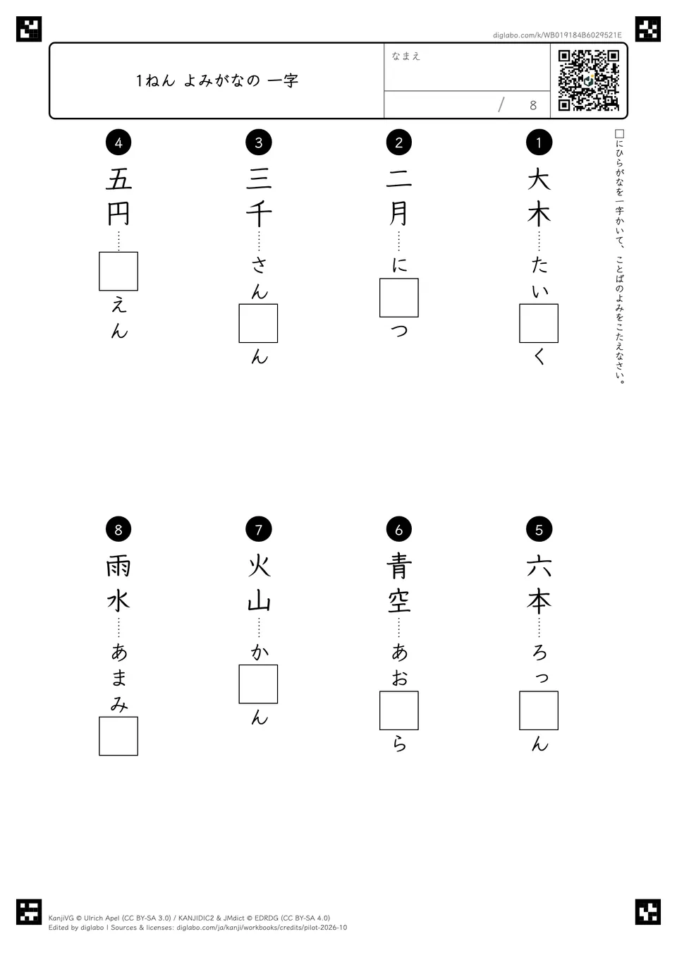 1ねん よみがなの 一字の紙面