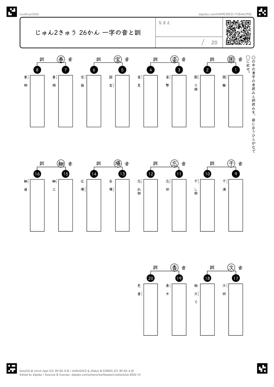 じゅん2きゅう 26かん 一字の音と訓の紙面