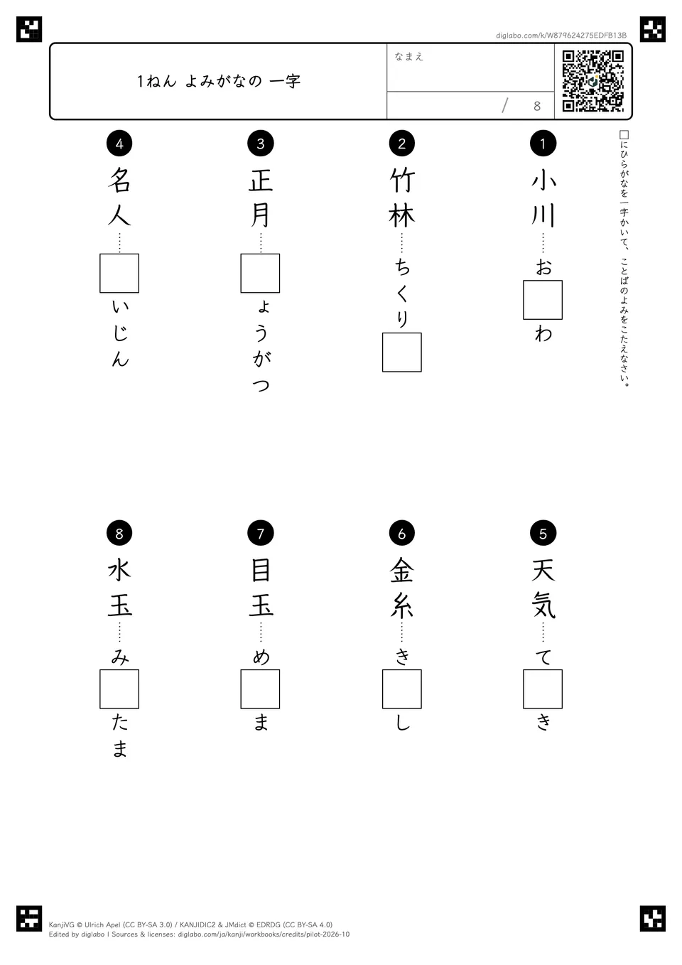 1ねん よみがなの 一字の紙面